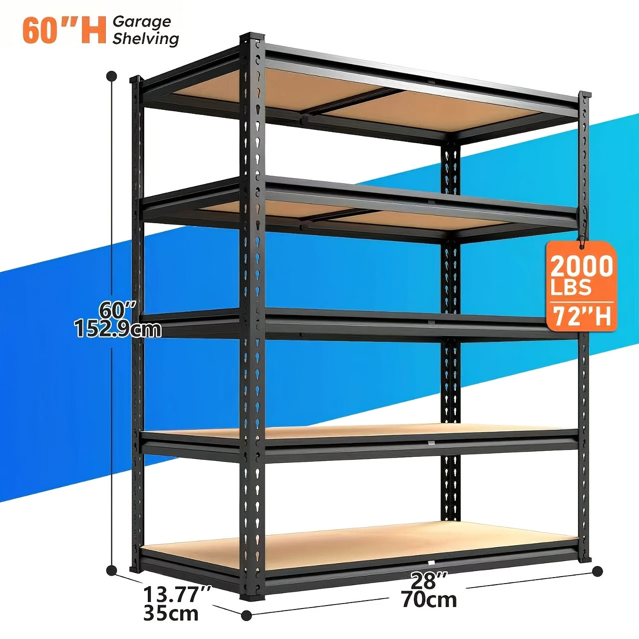Heavy Duty 5-Tier Metal Shelving Unit 2000 LBS 60"H Adjustable Steel Rack – Garage Storage Shelves for Basement, Pantry, Closet & Utility Room, Local US Warehouse