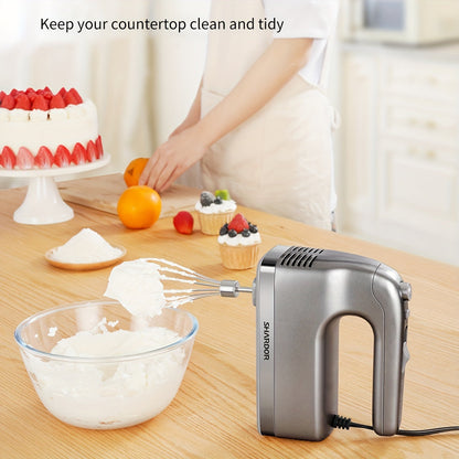 Electric Hand Mixer 5-Speed Plus Turbo with Storage Case & 5 Stainless Steel Attachments - 2 Beaters, 2 Dough Hooks, 1 Whisk, Handheld Kitchen Mixer for Baking, Silver