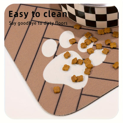 Pet Feeding Mat Anti-Slip Paw Print – Waterproof Quick-Dry Dog & Cat Bowl Pad with Bone-Shaped Intervals, Stain-Resistant, Easy-Clean Pet Placemat in Brown & White