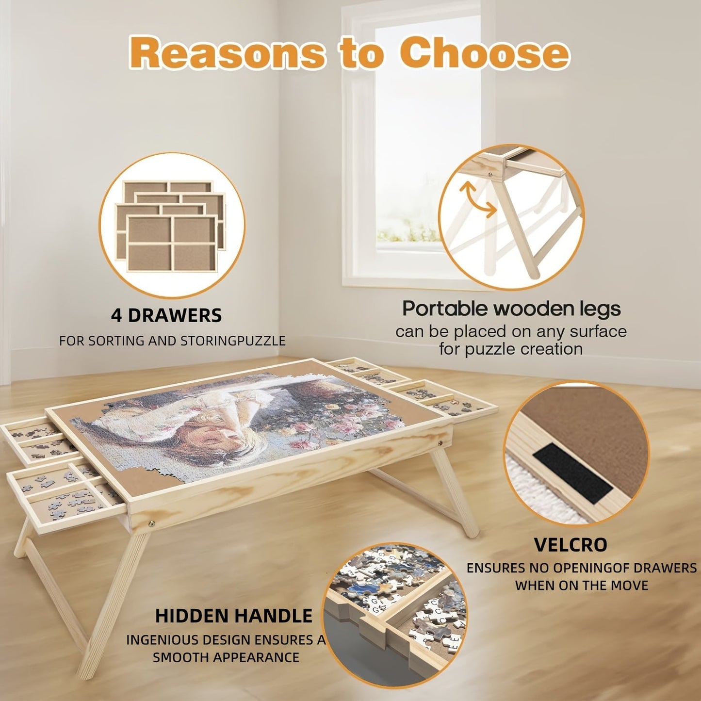 Wooden Puzzle Table with Folding Legs – 4 Drawers & 16 Sorting Grids for 1000 Piece Puzzles | Portable Puzzle Board for Storage & Organization, Home & School Supplies