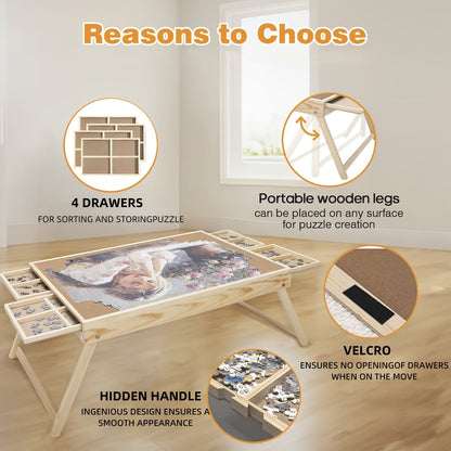 Wooden Puzzle Table with Folding Legs – 4 Drawers & 16 Sorting Grids for 1000 Piece Puzzles | Portable Puzzle Board for Storage & Organization, Home & School Supplies