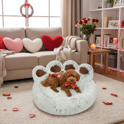 Bear Paw Shaped Donut Dog Bed & Cat Bed – Calming Warm Soft Plush Round Pet Mattress with Bonus Pet Scarf S M L XL 2XL Coffee Pink Grey Brown for Small Medium Large Dogs Cats
