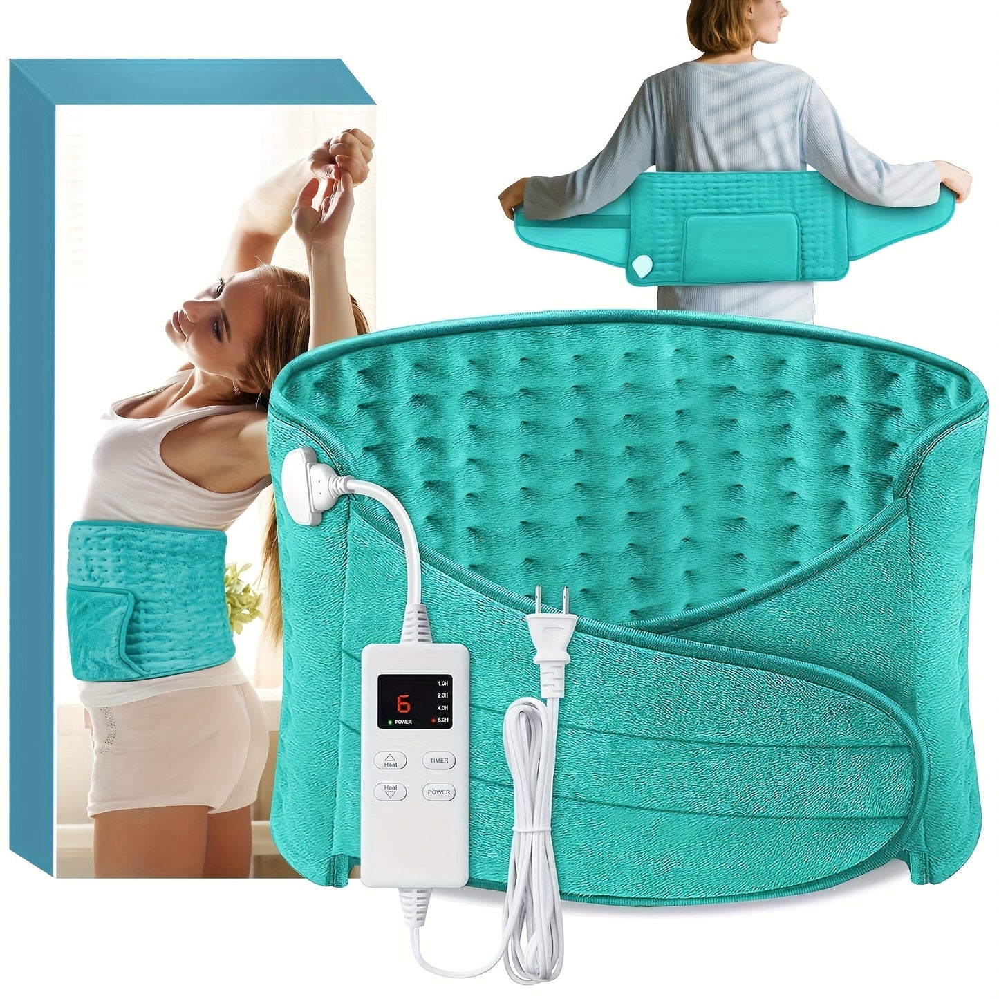 Electric Heating Belt for Back Pain Relief 12x24 Inch – 6 Heat Levels 104-149°F, 6-Hour Auto Shutoff, 4 Timers, Adjustable 24-45 Inch Waist, Washable Heated Waist Pad for Men and Women