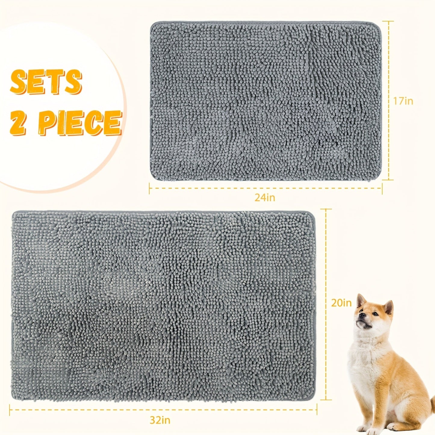 Dog Door Mat for Muddy Paws 2-Pack – Absorbent Non-Slip Washable Microfiber Mud Mat, Quick Dry Entry Indoor Floor Mat for Dogs, Machine Washable, Available in 24x17 & 32x20 inch, 3 Colors