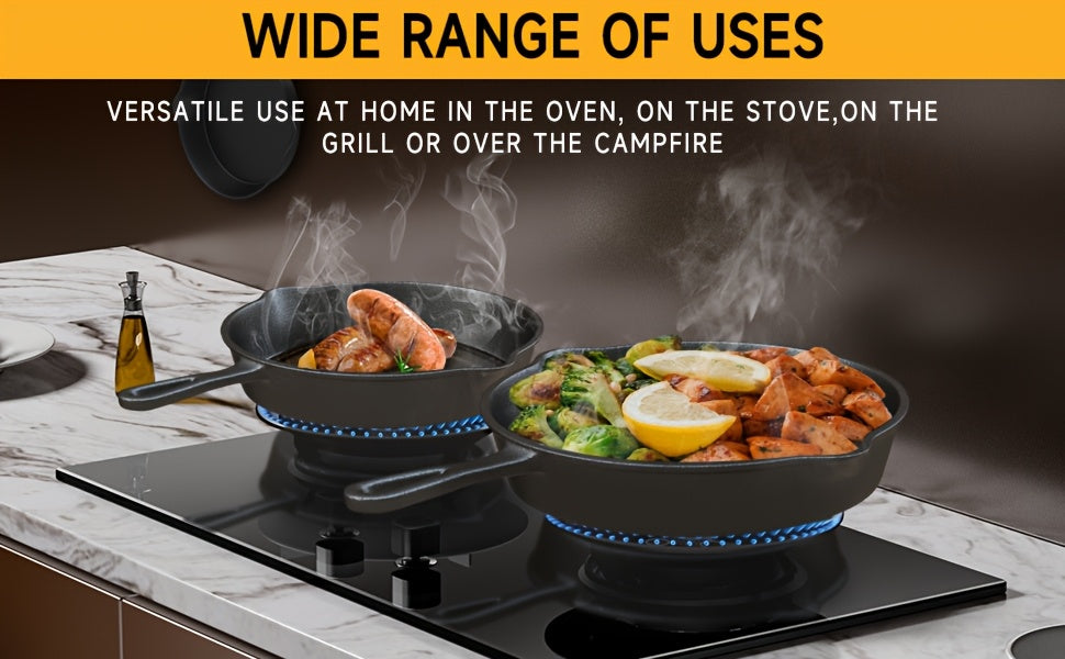 3pcs Cast Iron Skillet Set with Drip Spout – Pre-Seasoned Non-Stick Heavy Duty Cookware for Holiday Cooking, RV Camping, Campfire Meals, Oven & Stovetop Safe Kitchen Gift