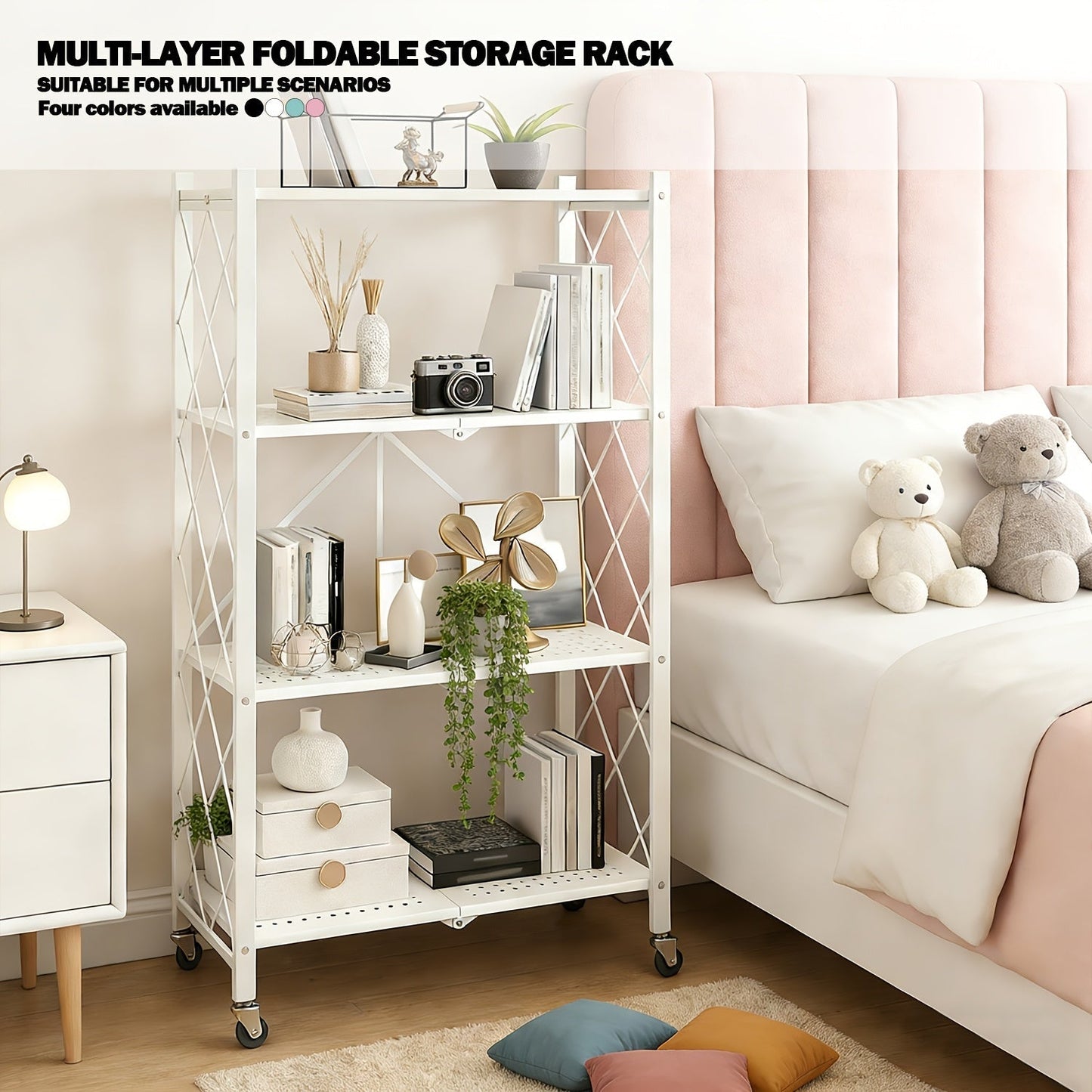 Heavy Duty Folding Storage Rack with Wheels – 3/4/5-Tier Portable Floor-Standing Shelf, No Assembly Required, for Home, Office, Bedroom & Dorm, 4 Colors Available