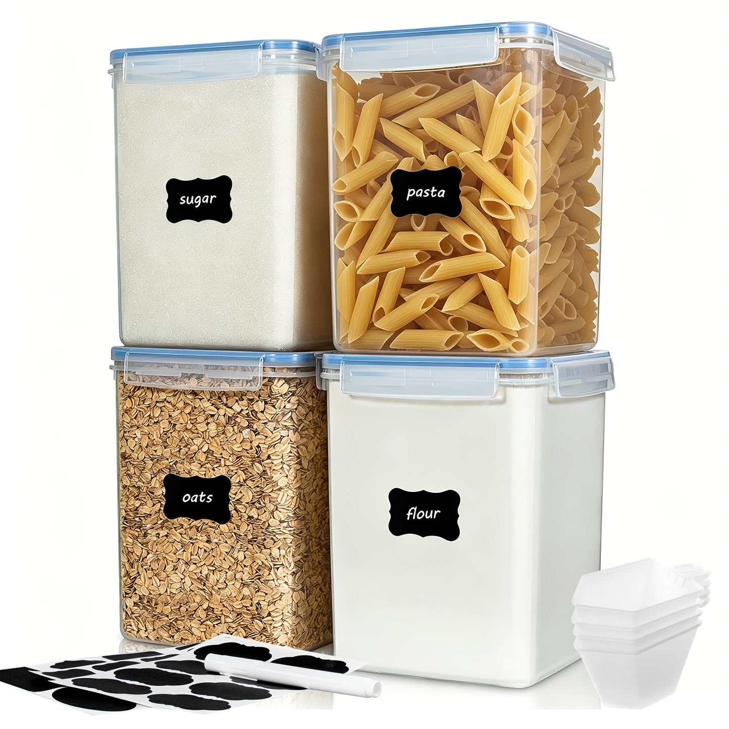 4-Pack Large Airtight Food Storage Containers with Lids – 176oz BPA-Free Plastic Canisters for Flour, Sugar, Rice & Baking Supplies – Includes Measuring Cups & 24 Labels, Black