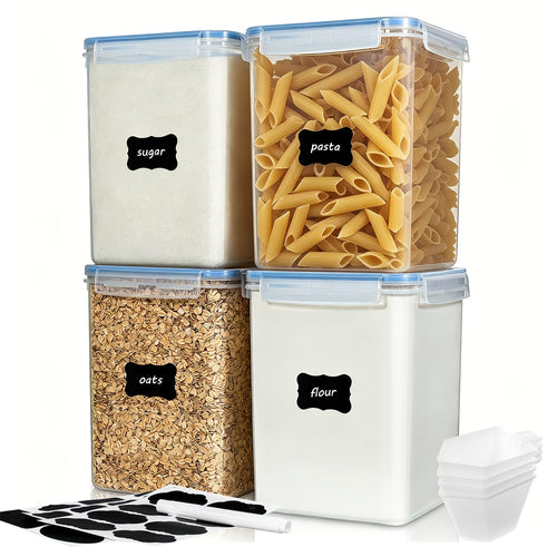 4-Pack Large Airtight Food Storage Containers with Lids – 176oz BPA-Free Plastic Canisters for Flour, Sugar, Rice & Baking Supplies – Includes Measuring Cups & 24 Labels, Black