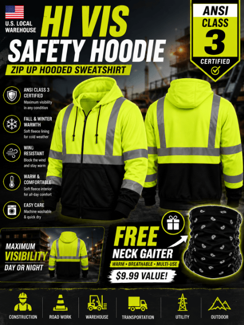 High Visibility ANSI Class 3 Type R Reflective Safety Hoodie Zip-Up Fleece Sweatshirt for Men Women Construction Workwear with Neck Gaiter Fluorescent Yellow