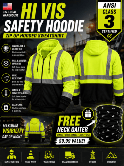 High Visibility ANSI Class 3 Type R Reflective Safety Hoodie Zip-Up Fleece Sweatshirt for Men Women Construction Workwear with Neck Gaiter Fluorescent Yellow