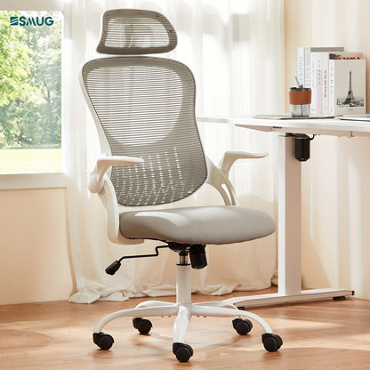 Ergonomic High-Back Mesh Office Chair with Flip-Up Arms Adjustable Headrest Lumbar Support & Wheels - Rolling Computer Desk Chair for Home Office Bedroom Study Pink Grey Black