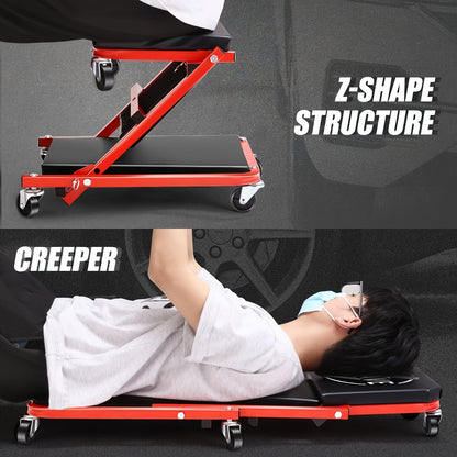 36 Inch Heavy Duty 3-in-1 Folding Mechanic Creeper with Adjustable Z-Seat - 6 Lockable Swivel Casters, 350-650 Lb Capacity, Vinyl Padded Seat & Headrest, Professional Automotive Repair Crawler