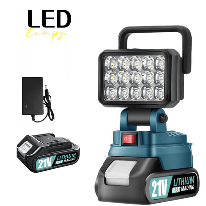 LED Work Light Compatible with Makita 21V Battery – High Brightness Portable Camping Lantern Flashlight, IP4X Waterproof, Smart Battery Protection, Emergency Light for Power Outage, Hurricane & Hiking, Black Yellow Blue