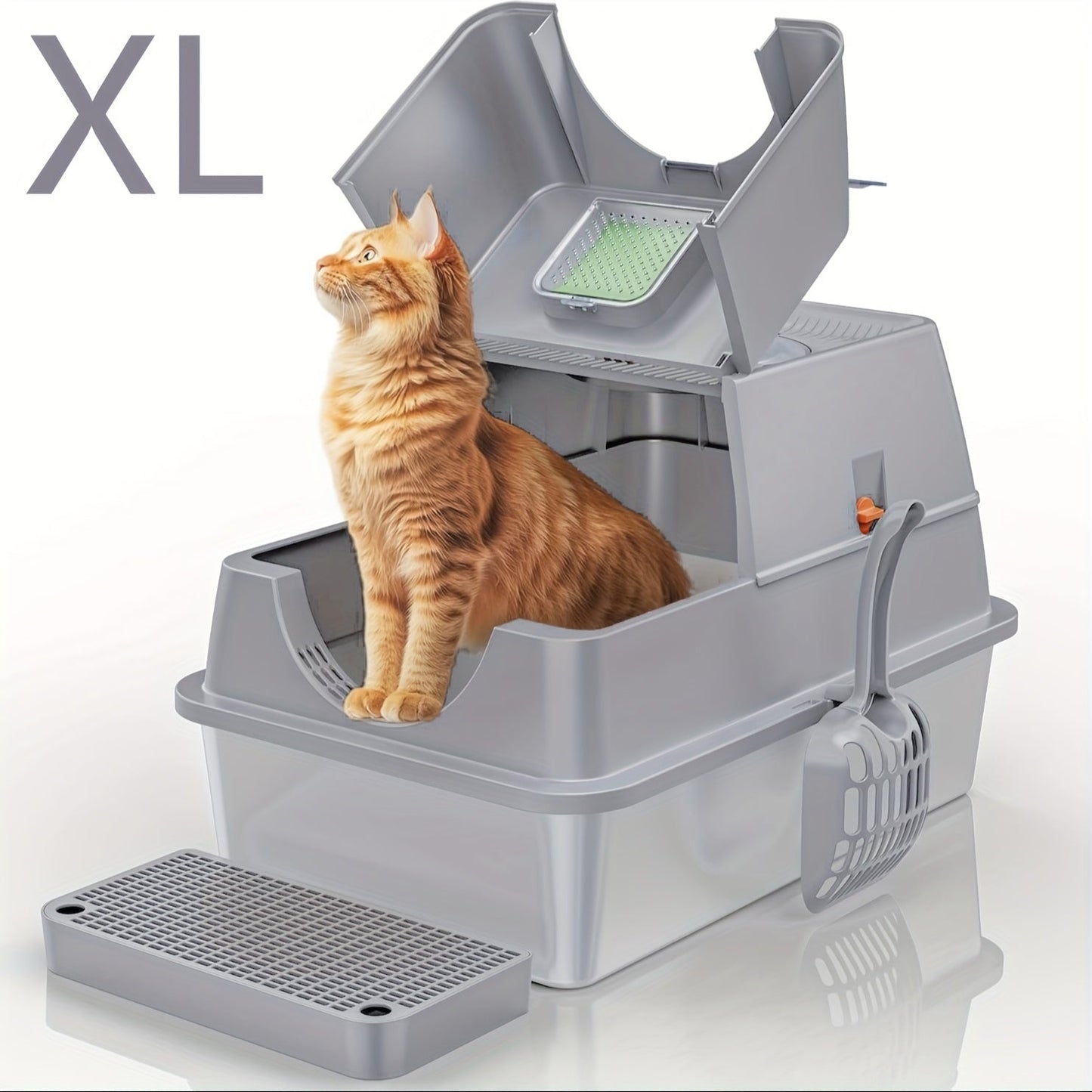 XL Stainless Steel Enclosed Cat Litter Box with Flip Top Lid & High Sidewalls – 3-in-1 Anti-Scatter Metal Litter Pan for Large Cats & Multi-Cat Households