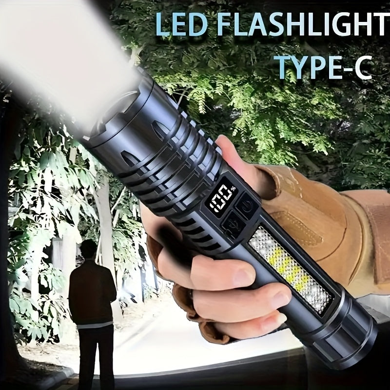 Rechargeable Tactical Flashlight 2 Pack USB COB LED – Ultra Bright 5 Modes Zoomable 200-500M Beam LCD Display for Camping Fishing Hunting Cycling Emergency
