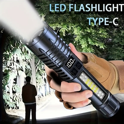 Rechargeable Tactical Flashlight 2 Pack USB COB LED – Ultra Bright 5 Modes Zoomable 200-500M Beam LCD Display for Camping Fishing Hunting Cycling Emergency