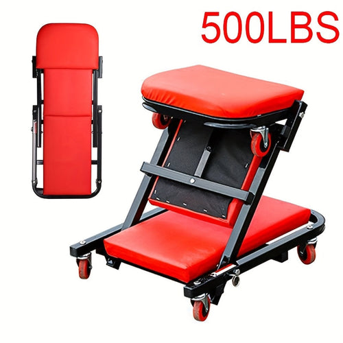 Foldable 2-in-1 Mechanic Creeper & Rolling Seat 300LB | 36 Inch Z-Crawler with 6 Swivel Wheels, Adjustable Headrest, Folding Car Repair Creeper for Garage Workshop – Black & Red