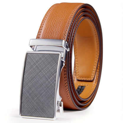 Men's Genuine Leather Ratchet Belt 35mm – Automatic Buckle No-Hole Adjustable Design with Gift Box, Sizes 28" to 52", Casual & Business Belt for Men in Navy Blue, Black, Brown