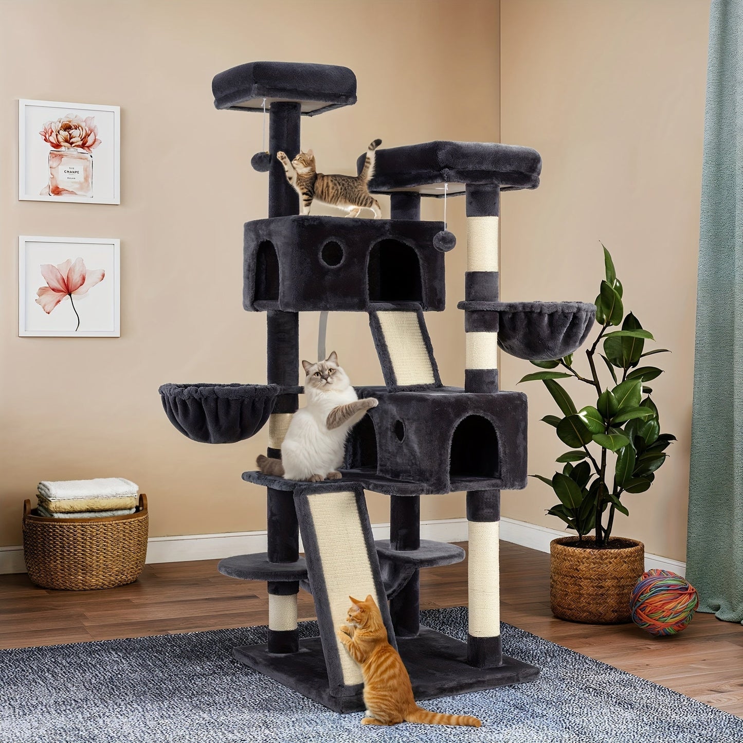 WEEWAY Corner Cat Tree Tower for Indoor Cats 36–81 Inch – Multi-Level Cat Furniture with Sisal Scratching Posts, Condo Cave, Hammock, Ramps, Plush Perches, Basket & Pompom Toys, Perfect Cat Gift