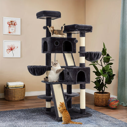 WEEWAY Corner Cat Tree Tower for Indoor Cats 36–81 Inch – Multi-Level Cat Furniture with Sisal Scratching Posts, Condo Cave, Hammock, Ramps, Plush Perches, Basket & Pompom Toys, Perfect Cat Gift