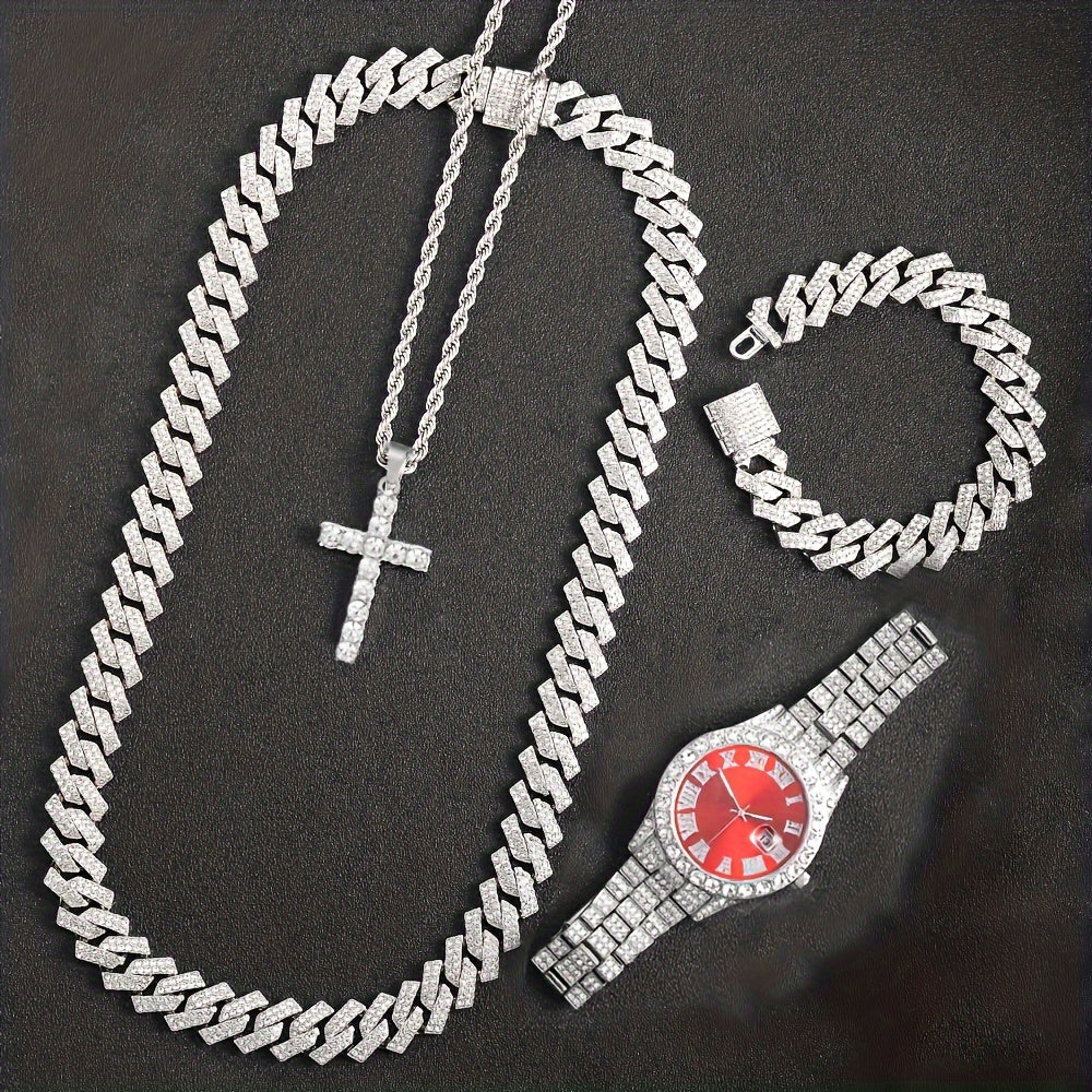 4pcs Rhinestone Watch & Cross Pendant Jewelry Set Quartz Analog Wrist Watch Necklace Bracelet Earrings Unisex Gift for Him Her Wedding