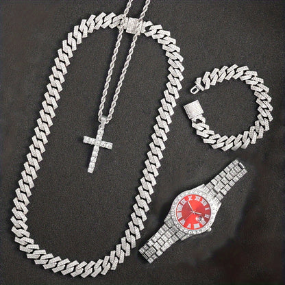 4pcs Rhinestone Watch & Cross Pendant Jewelry Set Quartz Analog Wrist Watch Necklace Bracelet Earrings Unisex Gift for Him Her Wedding