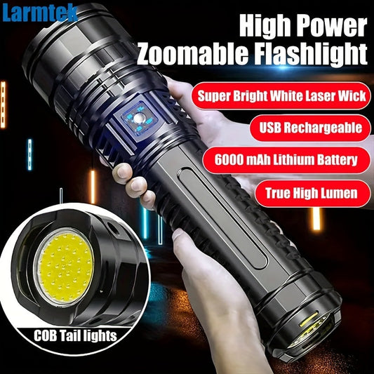Extra-Large USB Rechargeable Flashlight with COB Tail Light – 5 Adjustable Modes Zoomable Focus & Power Bank Function, Super Bright Handheld Torch for Emergencies Hiking Camping & Outdoor Adventures