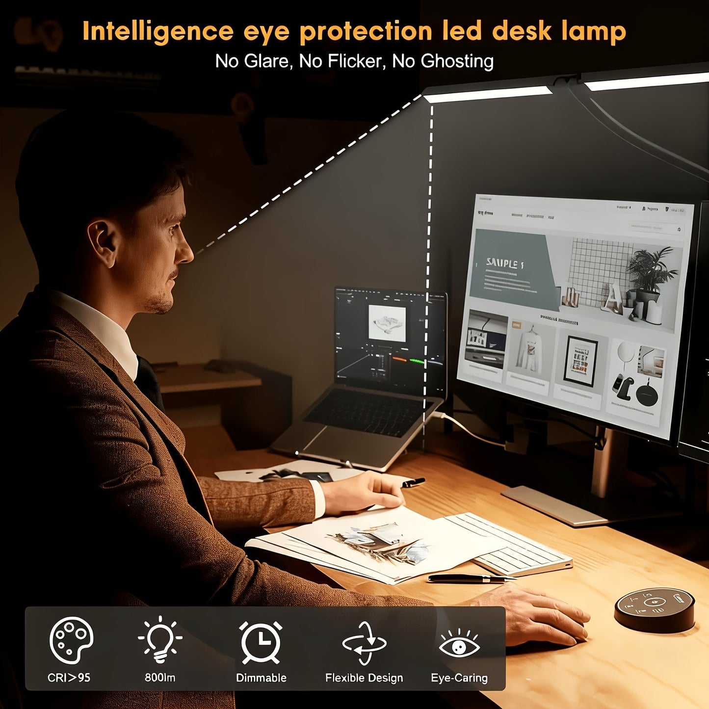Metal Touch Control LED Desk Lamp – 360° Adjustable Gooseneck Foldable Double Head Anti-Glare USB Powered Eye-Caring Reading Light for Office, Study, Gaming & Home, Monitor Screen Lamp