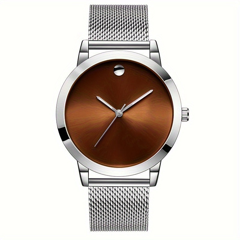 Men's Minimalist Stainless Steel Band Quartz Watch Slim Round Dial Casual Fashion Everyday Wear Gift for Him Silver Brown