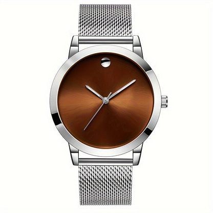 Men's Minimalist Stainless Steel Band Quartz Watch Slim Round Dial Casual Fashion Everyday Wear Gift for Him Silver Brown