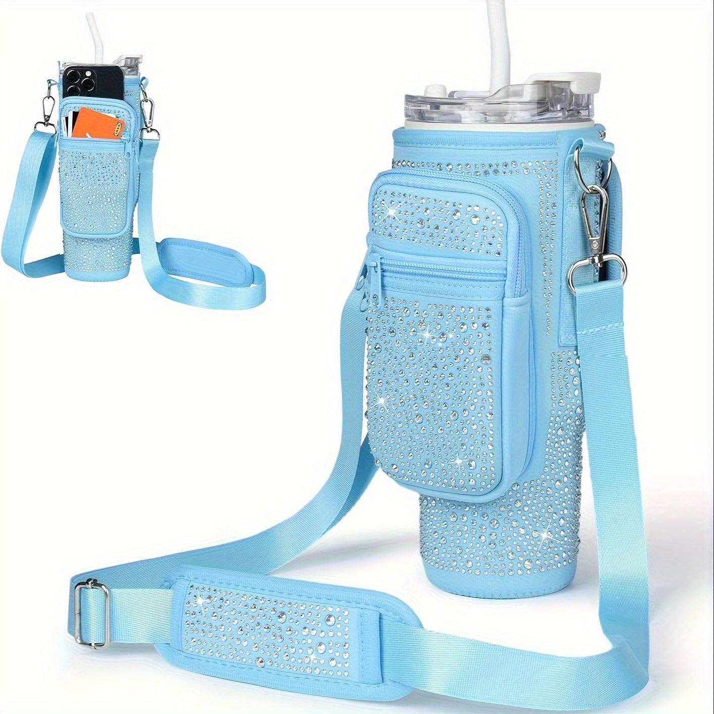 Neoprene Tumbler Carrier Bag with Phone Pocket & Adjustable Shoulder Strap – Fits 30 & 40 oz Tumblers, Clip-On Water Bottle Holder for Hiking, Camping & Outdoor Sports, 4 Colors