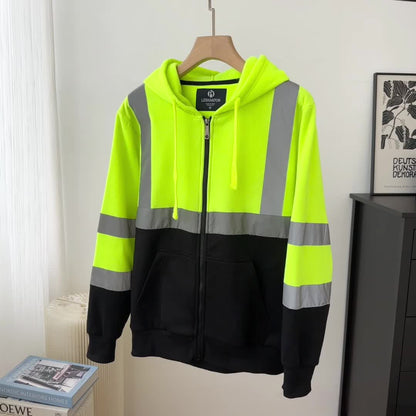 High Visibility ANSI Class 3 Type R Reflective Safety Hoodie Zip-Up Fleece Sweatshirt for Men Women Construction Workwear with Neck Gaiter Fluorescent Yellow