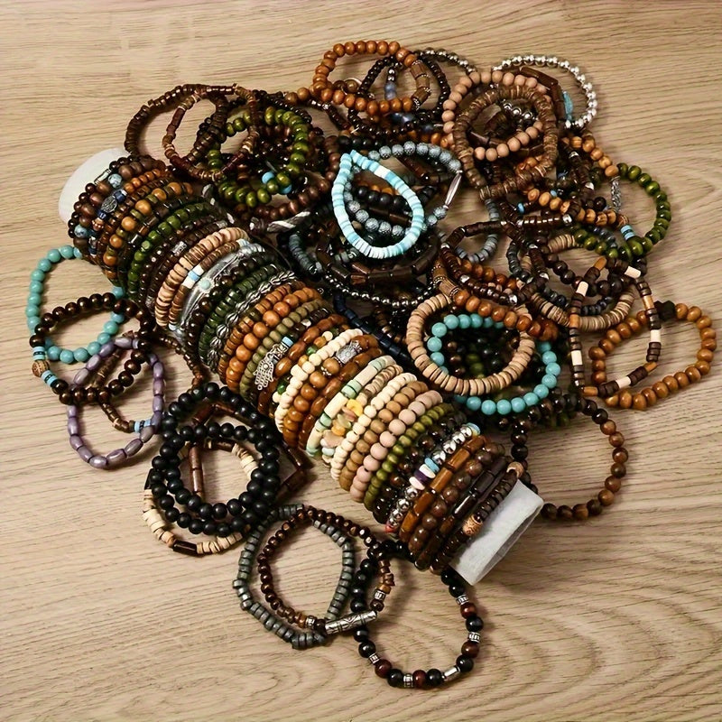 36-Pack Assorted Boho Wooden Beaded Bracelets for Women & Men – Handmade Vintage Style with Zinc Alloy Charms, Bulk Jewelry Set for Gifts & Party Favors