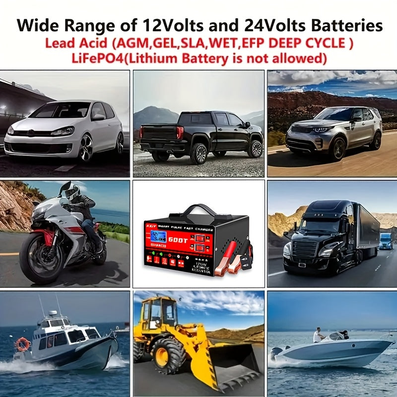 Smart Universal Battery Charger for 12V & 24V – LCD Screen, Pulse Repair & Temperature Regulation, Trickle Charger Maintainer for Car, Truck, Motorcycle, Boat, Lawn Mower & Harvester Batteries
