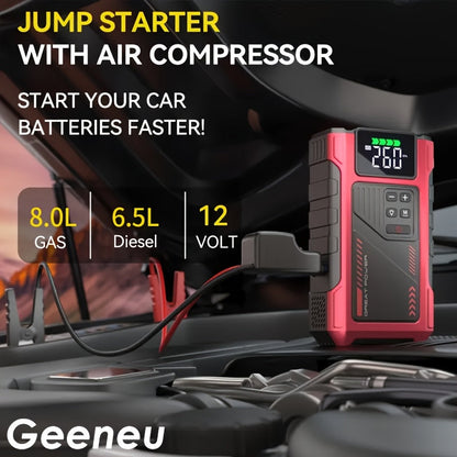 9-in-1 Portable Jump Starter with Air Compressor for 12V Car Up to 8.0L Gas 6.5L Diesel – Battery Booster Pack with Tire Inflator, USB Power Bank, LED Emergency Light & Roadside Kit
