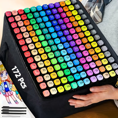 Dual Tip Alcohol Markers Set with Carrying Case 32 to 172 Colors – Professional Artist Markers for Drawing Sketching Card Making Illustration and Adult Coloring with Custom Packaging Bag Option