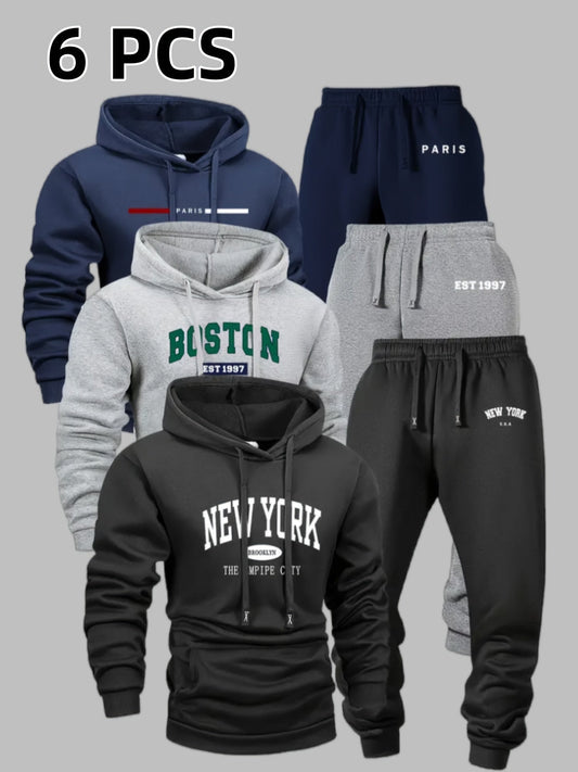 Men's 6-Piece Tracksuit Set Hoodie & Jogger Pants – City Name Print Street Style Sportswear, Soft Warm Fleece for Autumn Winter Jogging Fitness Casual Wear – S to XXL Mixed Colors