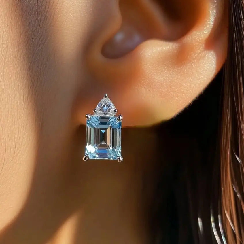 925 Sterling Silver Natural Blue Topaz Earrings Emerald Cut 6x8mm Gemstone Stud Earrings for Women Dainty Y2K Style Crystal Inlay Jewelry Daily Wear Vacation Gift