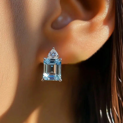 925 Sterling Silver Natural Blue Topaz Earrings Emerald Cut 6x8mm Gemstone Stud Earrings for Women Dainty Y2K Style Crystal Inlay Jewelry Daily Wear Vacation Gift