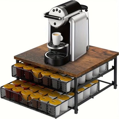 K-Cup Coffee Pod Holder Counter Storage Drawer Organizer for Keurig Nespresso Capsules Sliding Basket Double Layer 48 Pod Capacity Kitchen Countertop Coffee Station Brown