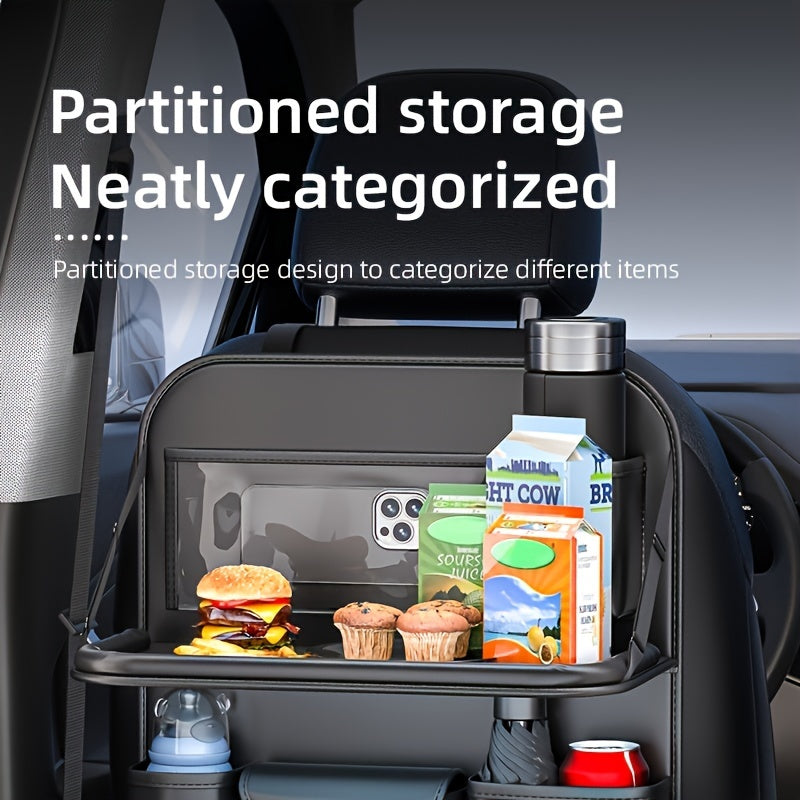 Car Seat Back Organizer PU Leather – Multifunctional Back Seat Storage Bag with Foldable Dining Table, Cup Holder & Travel Pockets, Universal Fit for Cars SUVs Trucks, Road Trip Accessories