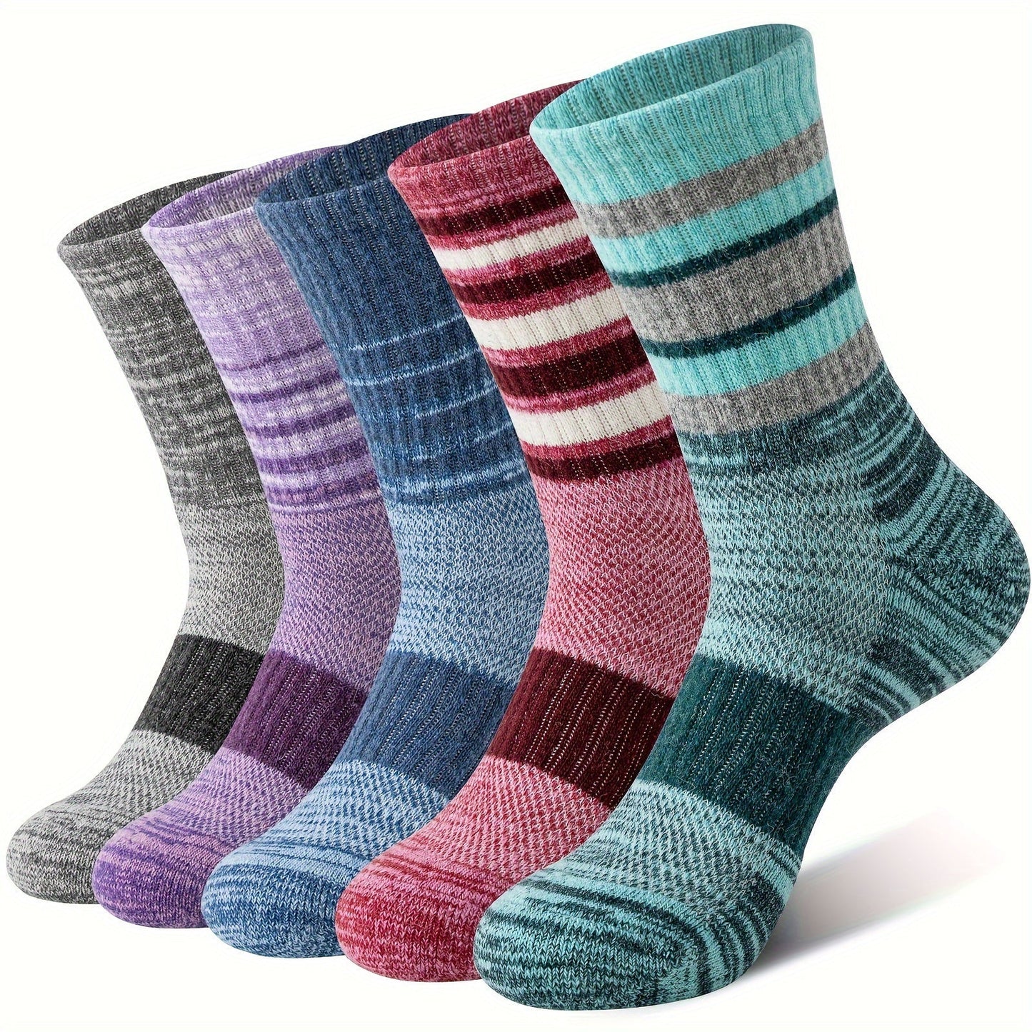 5 Pairs Merino Wool Hiking Socks for Men & Women – Compression Support, Thick Cushion, Sweat-Absorbing Breathable Outdoor Socks – Multicolor & Dark Colors, Sizes M & L