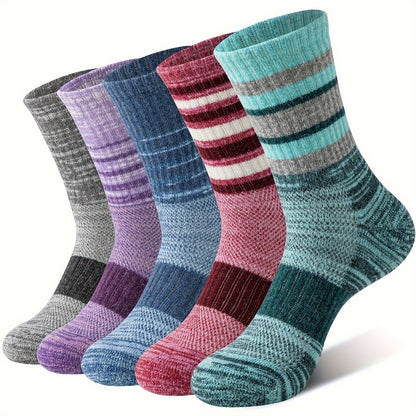 5 Pairs Merino Wool Hiking Socks for Men & Women – Compression Support, Thick Cushion, Sweat-Absorbing Breathable Outdoor Socks – Multicolor & Dark Colors, Sizes M & L