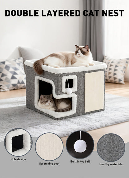 3-in-1 Cat House Indoor Condo – Luxury Wooden Ottoman Style Cat Bed Sleep Play & Scratch, Multi-Cat Friendly Large Cat Cave Hideaway Cube Furniture, Light Gray Standard & Large