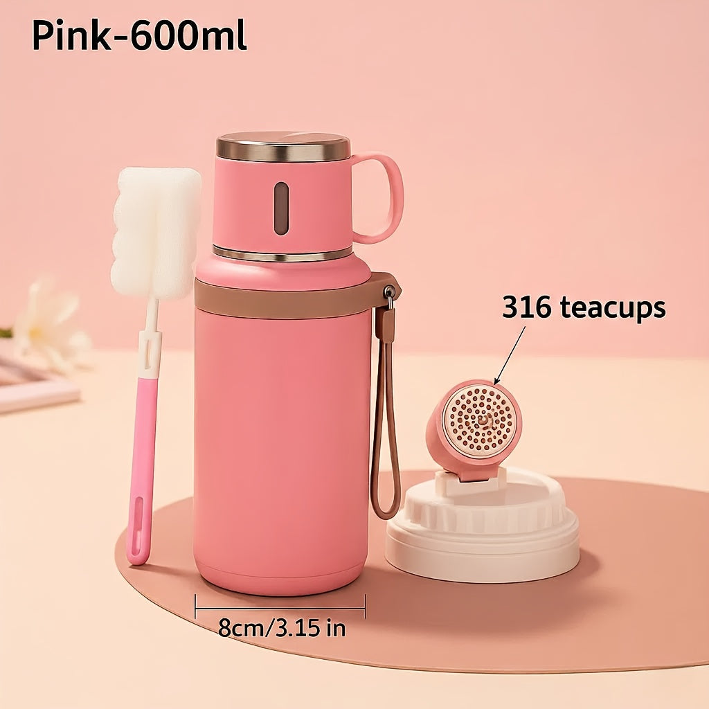 600ml Stainless Steel Tumbler Double Wall Vacuum Insulated Leak-Proof Lid with Handle Cleaning Brush Included Hot Cold Drinks Travel Office Gym Outdoor Water Bottle 20oz