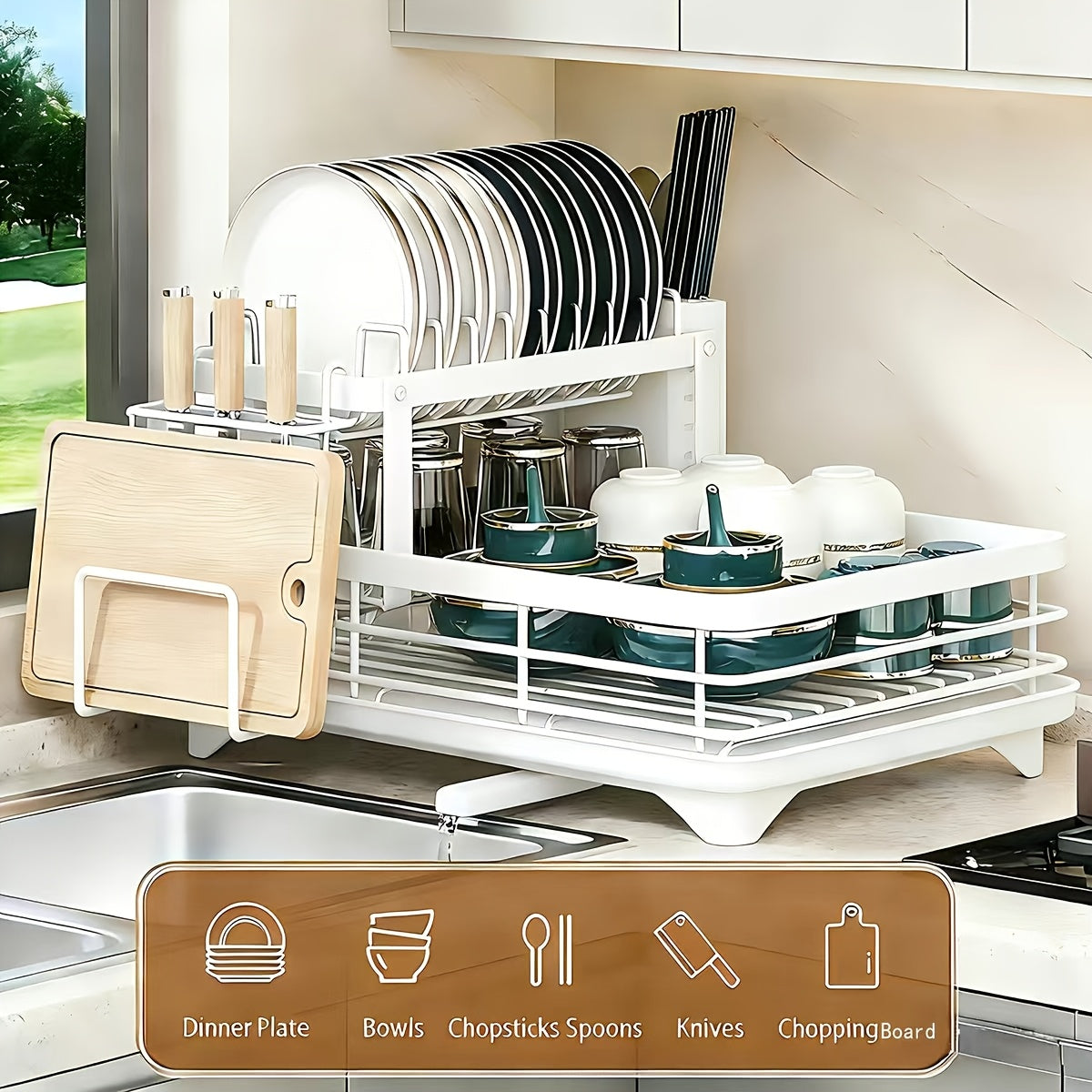 2-Tier Dish Drying Rack for Kitchen Counter with Drainboard Drain Mat Knife Fork Cup Holder Utensil Organizer Dish Drainer Kitchen Gadget Gift for Women Mother's Day