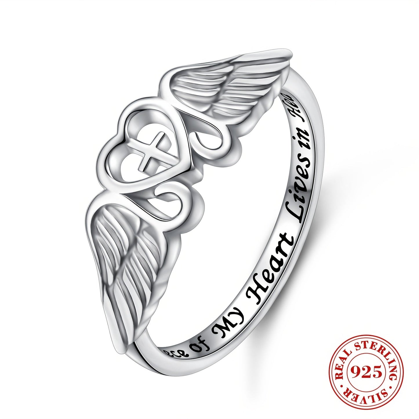 S925 Sterling Silver Angel Wing Memorial Ring – A Piece of My Heart Lives in Heaven, Rhodium Plated, Sympathy Gift for Loss of Mom Dad Grandma Grandpa Daughter Son, Sizes 5-10