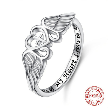 S925 Sterling Silver Angel Wing Memorial Ring – A Piece of My Heart Lives in Heaven, Rhodium Plated, Sympathy Gift for Loss of Mom Dad Grandma Grandpa Daughter Son, Sizes 5-10