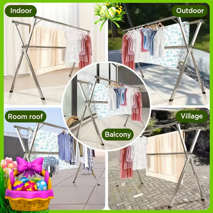 Clothes Drying Rack Stainless Steel 63" & 78.7" Retractable Foldable Heavy Duty Laundry Drying Rack, Collapsible Indoor Outdoor Clothesline with Adjustable Length for Balcony Bedroom Laundry Room