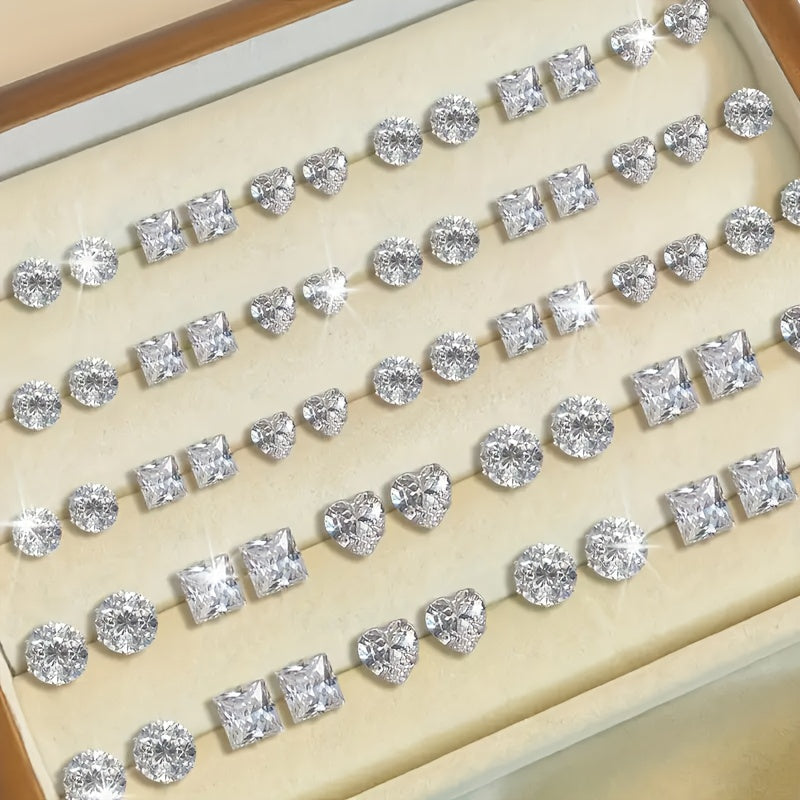 72Pcs Zircon Stud Earrings Set for Women Men Geometric Heart Round Square Sparkling Crystal Earring Pack Hypoallergenic Fashion Jewelry Gift